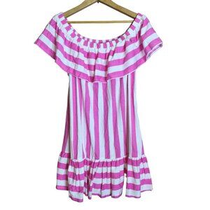 Asos Women's Stripe Ruffled Neckline Off Shoulder Mini Dress Pink White Us 12